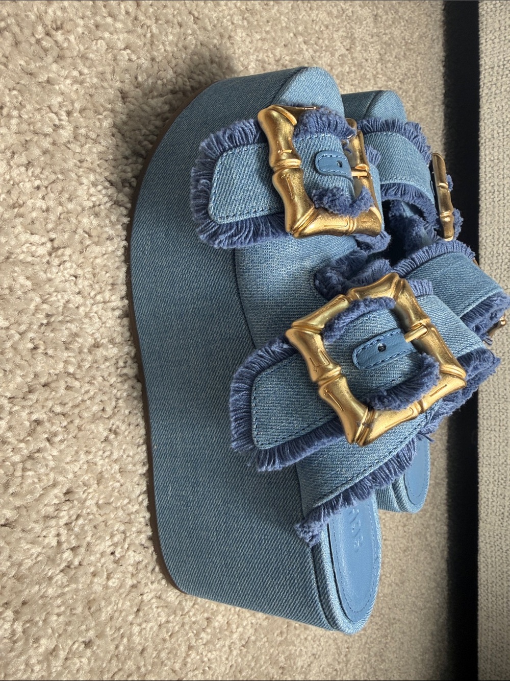 SCHUTZ Blue Denim Platform Slide Mules with Gold Buckles - Picture 5 of 5